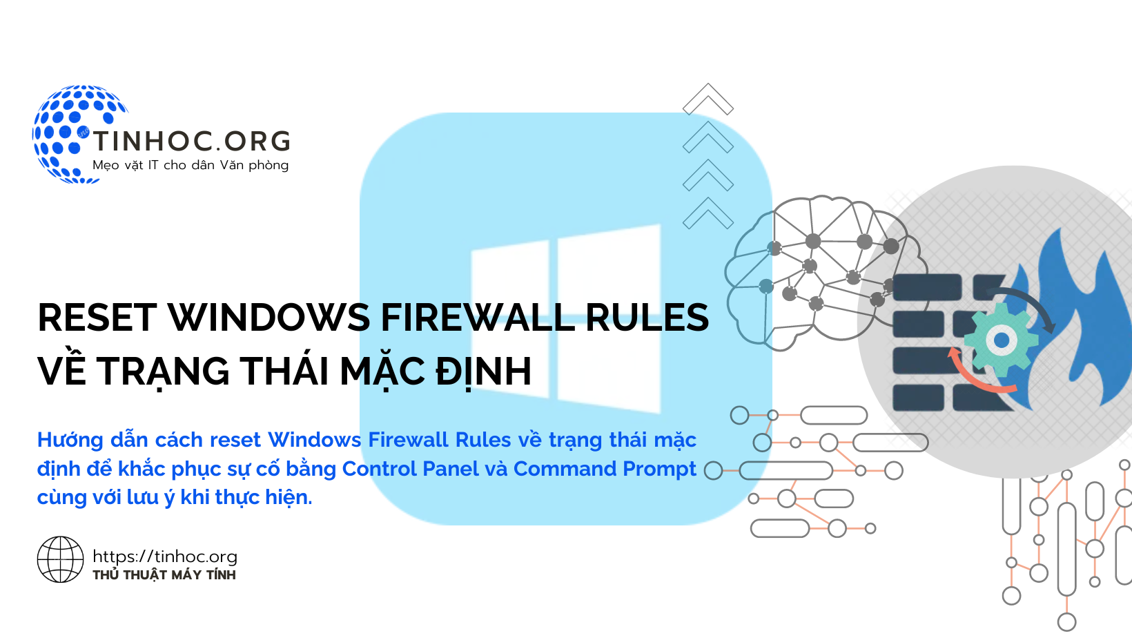 Hướng dẫn cách reset Windows Firewall Rules về trạng thái mặc định để khắc phục sự cố bằng Control Panel và Command Prompt cùng với lưu ý khi thực hiện.