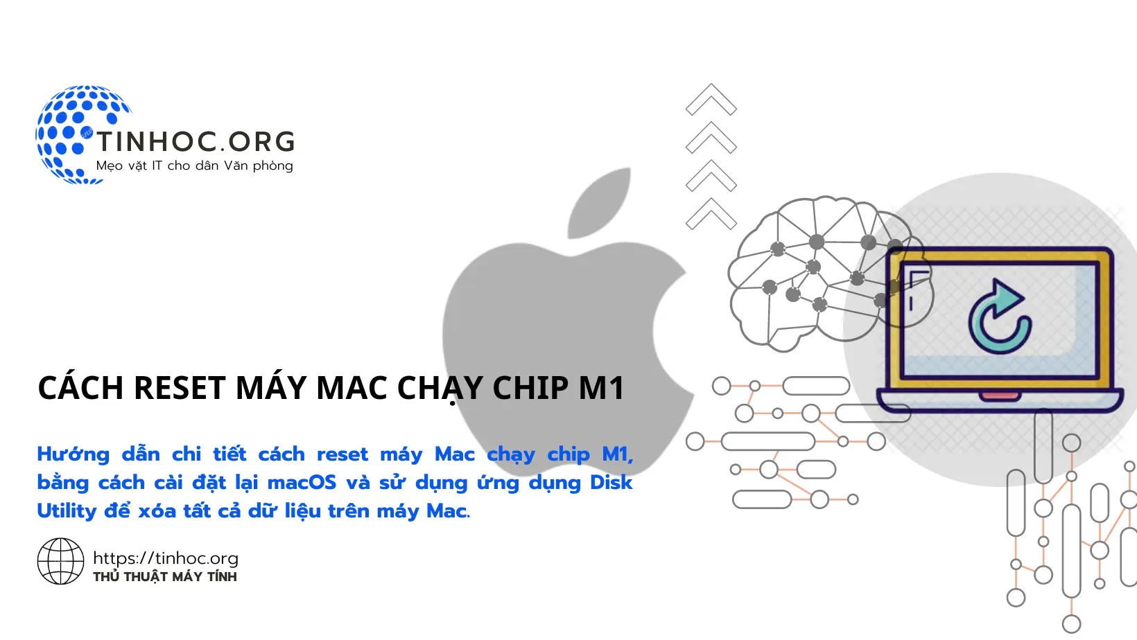 Hướng dẫn chi tiết cách reset máy Mac chạy chip M1, bằng cách cài đặt lại macOS và sử dụng ứng dụng Disk Utility để xóa tất cả dữ liệu trên máy Mac.