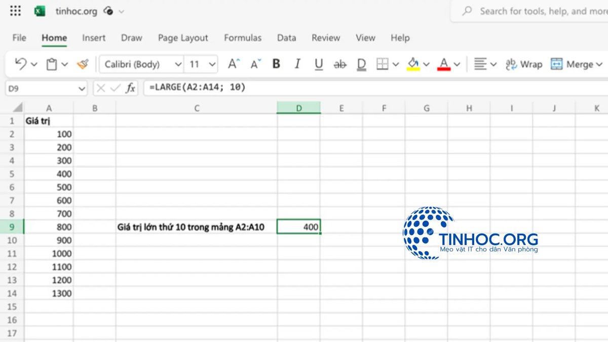 Tìm giá trị lớn thứ 10 trong mảng A2:A10 của Excel bằng hàm LARGE